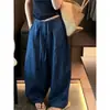 Calça casual azul marinho estilosa e jovem, leve, nova coleção verão 2026, tamanho grande, corte pera, solta, com bom caimento, perna larga