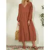 Vestido de Verão Nova Moda Solto de Manga Longa com Decote V Comprimento Médio Cintura Alta Cor Sólida Saia Evasê Atacado Transfronteiriço