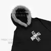Y2K Ropa exterior de comercio exterior europeo y americano de manga larga con cuello de pelo, jersey con estampado de cruz, sudadera con capucha perforada, corte holgado