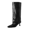 Botas de Caballero de Piel de Vaca de Primera Capa para Mujer, Caña Ancha, Botas Altas, Otoño Invierno Nuevas, Punta Cuadrada, Tacón de Aguja, Botas de Poner, Mujer