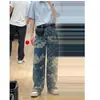 Calça Jeans Patchwork Xadrez Estilo Americano para Homens, Marca de Moda High Street, Calça Cool Estilo de Rua, Calça Casual Solta de Perna Larga Flare