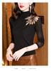 Camiseta de Encaje de Cuello Alto para Mujer Primavera y Verano Nueva Moda Top Estampado Reductor de Edad Camiseta Básica de Malla Estilo Occidental Camiseta Pequeña