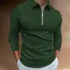 Nova Camisa Polo Casual Masculina de Outono 2023, Comércio Exterior, Estampa 3D, Cor Sólida, Zíper, Manga Longa