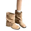 Botas vaqueras occidentales para mujer 2026 Otoño Nuevas Botas de tacón de bloque plisadas Negras Vintage Tacón grueso Botas de jinete Botas Martin Botines