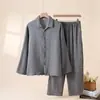 Conjunto de Pijama de Gasa de Doble Capa de Algodón Puro para Mujer, Estilo Pareja Primavera/Otoño, Manga Larga Pantalón Largo, Holgado, Se Puede Usar al Aire Libre, Conjunto para Estar en Casa