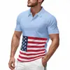 Camisa Polo Masculina Americana Fina de Seda Gelada de Secagem Rápida Camiseta Masculina Verão Bandeira Americana Estampada Gola Lapela Manga Curta