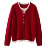 Suéter de Cachemira Transfronterizo Cuello Redondo Estilo Nuevo Adelgazante para Mujer Bloque de Color Otoño Invierno Jersey de Punto Grueso Capa Base Falso de Dos Piezas