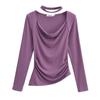 Ins Pure Style Slim-fit Sexy Irregular Hem Swing Collar Plissado Pullover Top 2023 Primavera Manga Longa T-shirt