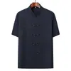 Traje Tang Masculino de Seda Gelada de Verão, Traje de Manga Curta para Pais e Avôs de Meia-Idade e Idosos, Top Bordado Fino Casual Estilo Chinês