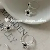 Design de Nicho Coreano Joia Prata Brilhante Anel de Flor em Prata Esterlina S925 com Ágata Negra Estilo Cool e Fashion