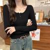 Camiseta de Punto Ajustada Color Amarillo Cremoso con Costillas y Cuello Semiabierto para Mujer, Diseño Ribeteado Adelgazante para Otoño e Invierno, Top Básico de Manga Larga