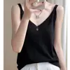 2026 Novo Estilo Feminino Versão Coreana Gola V Solto Casual Lã Sem Mangas Regata Cor Sólida Malha Camisa Base