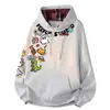 Sudadera con Capucha de Estampado de Dibujos Animados a Cuadros, Hombro Caído, Básica, Casual, Temperamento Moderno, Estilo Americano High Street, para Hombre y Mujer, Otoño Invierno, Sencilla