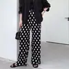 Pantalones rectos plisados de lunares blancos y negros para mujer talla grande, pantalones anchos de pierna recta con estampado de lunares de primavera/verano de cintura alta y caída fluida