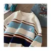 Suéter Solto Gola Redonda Estilo Japonês Tendência Tricô Suéter Jaqueta Retrô Marca Tendência Suéter Listrado Color Block Masculino Outono Inverno
