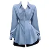 Camisa Feminina Plus Size Outono Design Único Manga Longa Cintura Marcada Lapela Elegante Preta