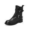 Couro de Cavalo Lavado à Água Dr. Botas de Motocicleta Martens Femininas Outono/Inverno Novas Couro Genuíno Bico Redondo Couro Polido Desgastado Fivela Botas de Cano Curto Salto Médio