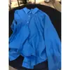 Camisa de Sol Retro Francesa Azul Klein de Algodón y Lino para Mujer, Verano Delgada Holgada Casual Chaqueta Camisa de Lino Moderna