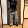 Jeans skinny americano de outono e primavera, estilo high-street, com bordado de letras, lavagem desgastada, jeans patchwork hip-hop retrô para homens