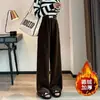 Calça de Veludo Chenille com Forro de Lã de Perna Larga para Mulheres, Nova Calça de Veludo Cotelê Reta para Outono e Primavera para Figuras Baixas, Calça Casual de Outono e Inverno