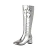 Botas largas de charol plateado de comercio exterior, de caña alta, punta cuadrada dorada, cremallera lateral, tacón grueso, botas largas de tacón alto para mujer, transfronterizo AliExpress