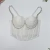 Camisola plissada estilo europeu e americano transfronteiriça com adornos sexy de strass, peça de sobreposição de puro desejo, espartilho de osso de peixe em malha de alta qualidade