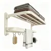 Toallero de baño plegable color crema, toallero de baño sin perforaciones, estante de almacenamiento de pared para baño con ganchos