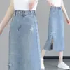 Falda de Mezclilla Estilo Nacional Nuevo Estilo Chino para Mujer Verano 2026 Nueva Falda de Cintura Alta Corte en A con Abertura Cierre de Botón Falda de Longitud Media que se Ajusta a la Cadera