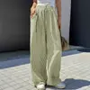 Calça de Verão Nova Europeia e Americana Listrada de Perna Larga para Mulheres 2026, Cintura Alta com Cordão, Solta, Casual, com Bolsos