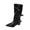 Botas de montar de caña alta con hebilla de diseñador, botas largas de mezclilla hasta la rodilla, zapatos de mujer 2026, punta fina, tacón grueso, botas para pierna de pantalón, mujer