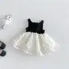 Vestido de tirantes Dianxi Nuevo Estilo Verano Dulce Estilo Princesa Bloques de Color para Bebés y Niños Pequeños, Vestido de Encaje con Lazo para Niña