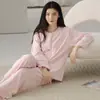 Novos Pijamas Femininos 2026 para Primavera e Outono, Algodão Puro, Tecido Elástico L, Manga Longa, Usável Fora de Casa, Conjunto de Casa Cardigan Tamanho Grande