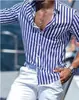 Camisa Casual Diaria Simple para Hombre Primavera y Otoño con Estampado 3D Rayas Cuello Solapa Manga Larga