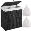 Cesto de Roupa Suja Dobrável para Quarto Amazon, Duplo Compartimento com Tampa, Tecelagem de Rattan Sintético, Forro Removível