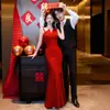 Vestido de noite vermelho com decote em V e cauda de sereia, novo estilo para banquetes, vestido longo com fenda, vestido longo justo para noiva em festa de noivado