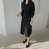 Novo Vestido Trench Coat Elegante de Primavera e Outono Coreano com Cinto e Bolsos Laterais para Afinar a Cintura