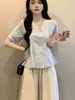Camisa Azul Casual de Manga Corta para Mujer Talla Grande Verano MM Gordita Cubre Defectos Top Adelgazante Sensación de Alta Gama Hombro Recto Chic Top Pequeño
