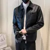Jaqueta de Couro Curta Slim Fit Coreana para Motociclista Masculino Primavera Outono Tendência Bonita Casual Lapela Casaco de Couro PU