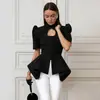 Novidades de Primavera/Verão 2026 da Amazon Estilo Europeu e Americano Gola Alta Manga Bufante Cintura Marcada Camisa Moda Temperamento Top Slim