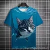 Gatinho Divertido Pesca na Praia Impressão 3D Transfronteiriça Camiseta Casual Masculina Gola Redonda Venda Direta da Fábrica Fonte