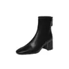 Botas Curtas Femininas Minimalistas Versáteis Bico Quadrado Comércio Exterior Transfronteiriço Tamanho Grande 40-42 Zíper Traseiro Salto Alto Grosso Couro Bovino Botas Emagrecedoras