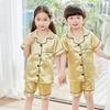 Comércio Exterior Pijama Infantil Imitação de Seda de Gelo para Meninos e Meninas Primavera e Outono Calça de Manga Curta Cardigã de Cor Sólida Gola Lapela Cetim Roupas de Casa
