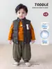 Chaleco de plumas, atuendo de invierno para niños, relleno 90% plumas, chaleco con temática de dinosaurios, camiseta interior, pantalones de algodón, ropa de invierno elegante para niños pequeños