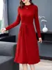 Vestido de Punto de Cuello Alto Medio para Mujer Vestido Suéter con Lazo en la Cintura para Otoño e Invierno para Mujer Vestido Base de Longitud Media