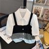 Estilo Coreano Retro Color de Contraste Falso Dos Piezas Top Corto Verano Nuevo Manga Abullonada Camisa Correa de Costura Tejido de Punto para Mujer