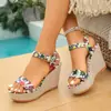 Sandalias de Mujer de Verano Transfronterizas Talla Grande con Cuña Floral y Tacón Alto, Punta Abierta, Suela de Plataforma y Correa Tejida en el Tobillo, Zapatos de Playa