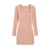 26087-26 Outono Estilo Coreano Gola Quadrada Temperamento Desejo Puro Malha Justa Barra com Babados Liso Manga Longa Bodycon Vestido Mini