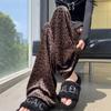 Calça Vintage de Veludo com Estampa de Leopardo de Perna Larga para Mulheres, Primavera Cintura Elástica Slim Fit Cordão Calças Retas, Alta Casual Comprimento Total