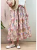 Ropa de Seda Qingmei: Falda de algodón floral de longitud media para mujer, artística y fresca, de cintura alta, falda de línea A adelgazante para figuras petite