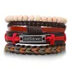 Pulseiras de Couro Europeias e Americanas Populares Transfronteiriças Tecidas à Mão para Homens, Conjunto de Acessórios de Mão Multicamadas Punk Retro Hip-Hop Venda por Atacado